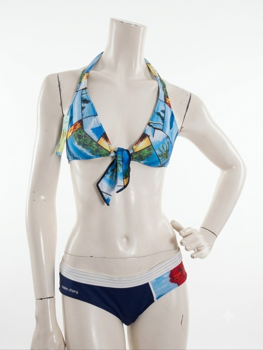 Aaron Chang Vintage Y2K Tropical Palm Tree Photo Print Bikini Set Blue/Navy NEW